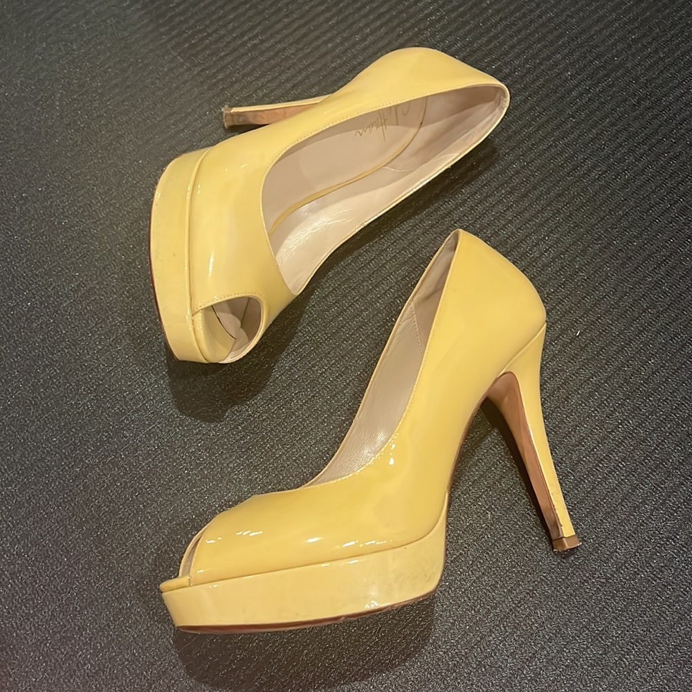 Cole Haan Patent Leather Peep Toe Heel in tan